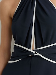 Reiss Navy/Ivory Blair Contrast-Trim Halterneck Midi Dress - Image 4 of 7
