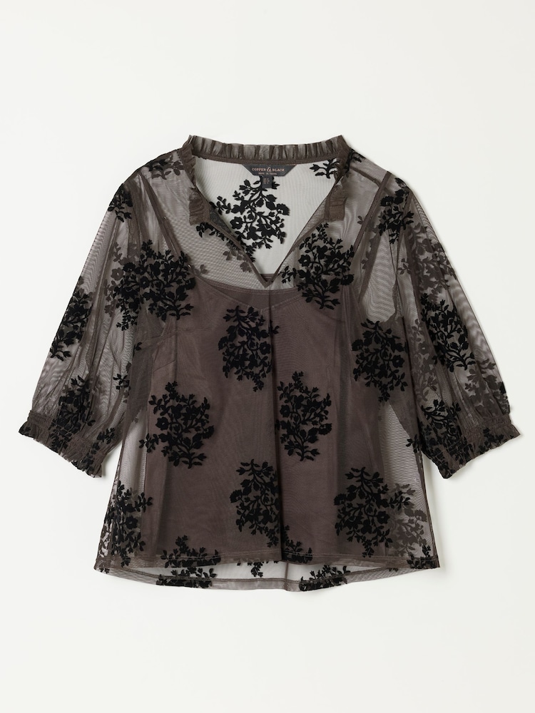 FatFace Flocked Tulle Blouse - Larawan 7 ng 7