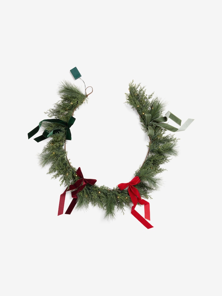 Green Artificial Light Up Christmas Garland with Bows - Image 2 of 3