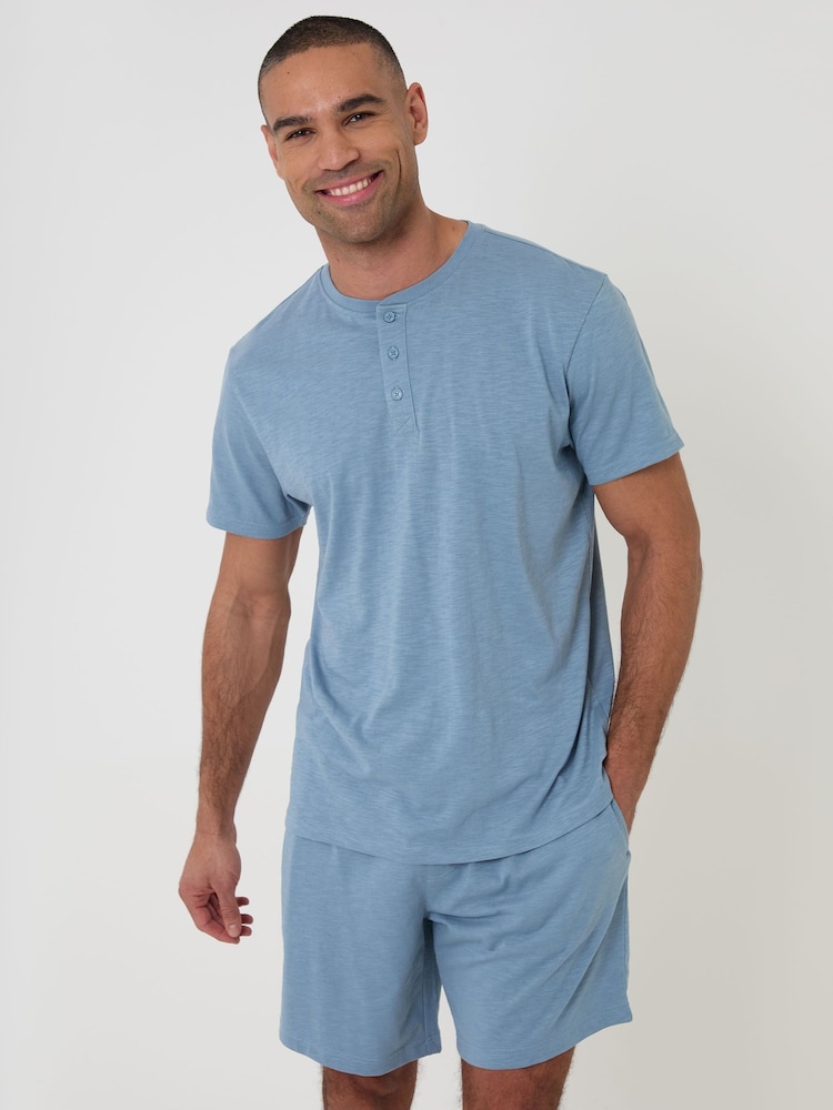 Threadbare Blue Grandad Pyjama Top & Shorts Set - Image 1 of 4