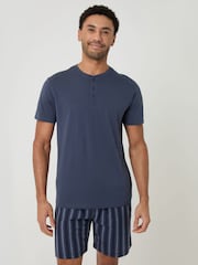 Threadbare Blue Stripe Grandad Pyjama Top & Shorts 2 Piece Set - Image 1 of 4