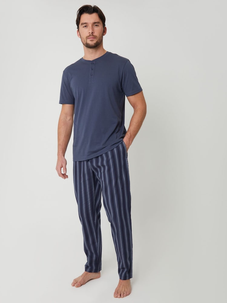 Threadbare Blue Stripe Grandad Fit Pyjama T-Shirt & Bottoms Set - Image 1 of 4