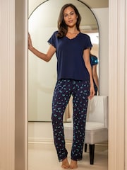 Pour Moi Blue Sofa Loves Lace T-Shirt and Trouser Pyjamas Set - Image 1 of 5