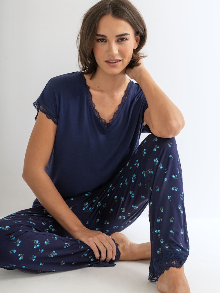 Pour Moi Blue Sofa Loves Lace T-Shirt and Trouser Pyjamas Set - Image 2 of 5