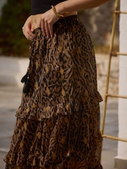 South Beach Animal Leopard Tiered Ruffle Sequin Embroidered Maxi Skirt - Image 3 of 6