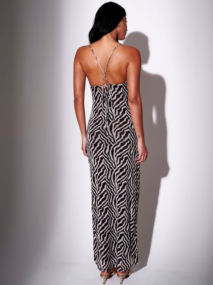 South Beach Animal Print Zebra Mesh Cowl Neck Lined Strappy Maxi Dress - Image 2 of 4 South Beach Animal Print Zebra Mesh Cowl Neck Lined Strappy Maxi Dress - Image 2 of 4