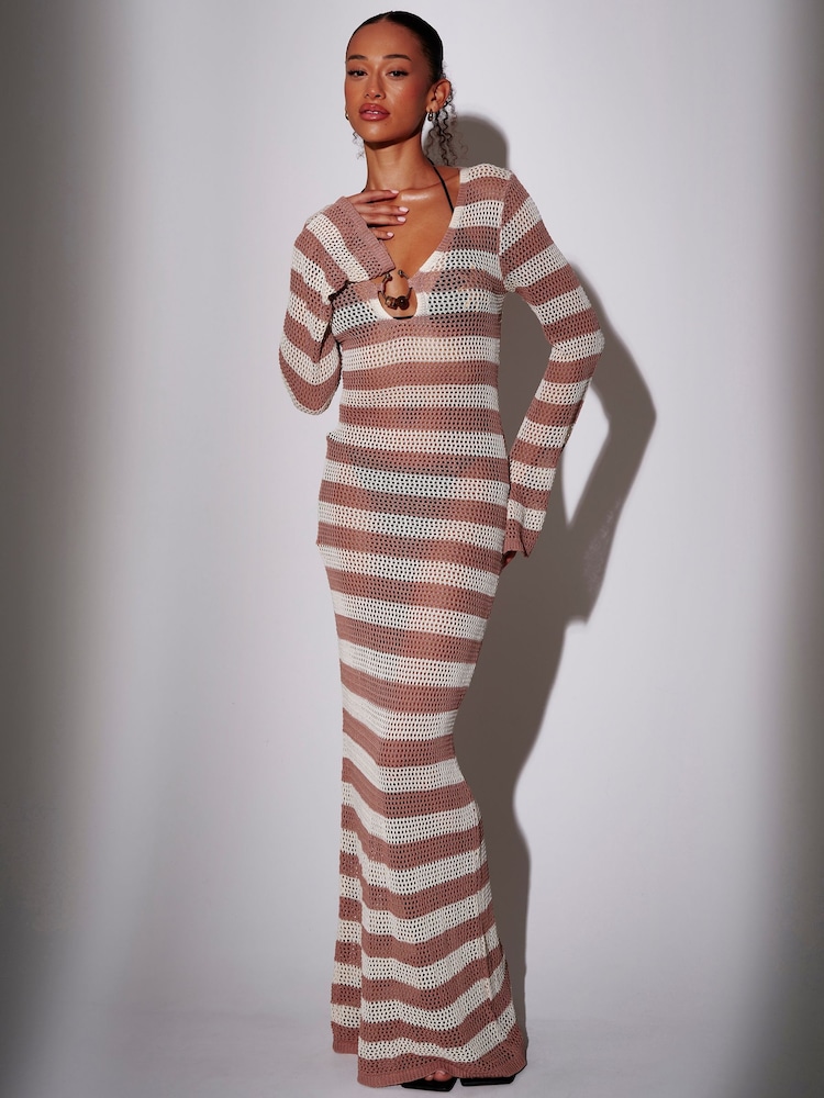 South Beach Brown Striped Open Knit Ring Decal Long Sleeve Maxi Kaftan - Image 1 of 4