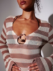 South Beach Brown Striped Open Knit Ring Decal Long Sleeve Maxi Kaftan - Image 3 of 4