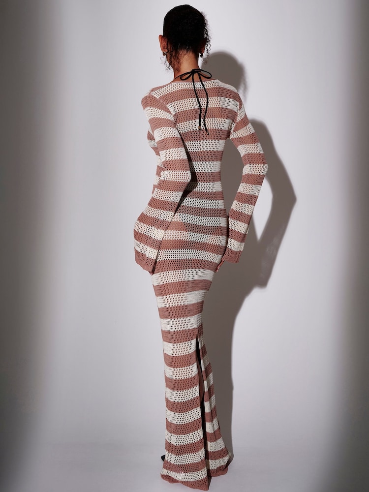 South Beach Brown Striped Open Knit Ring Decal Long Sleeve Maxi Kaftan - Image 4 of 4