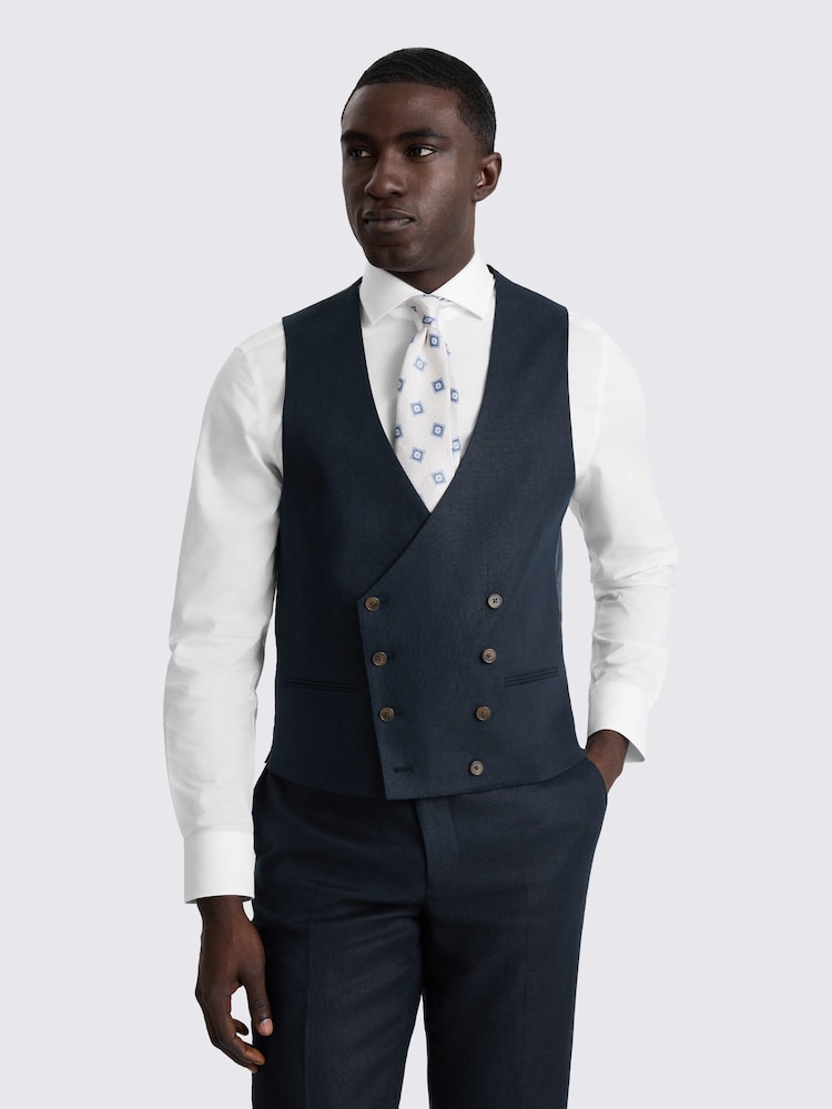 MOSS Navy Slim Fit Twill Linen Suit Waistcoat - Image 1 of 3