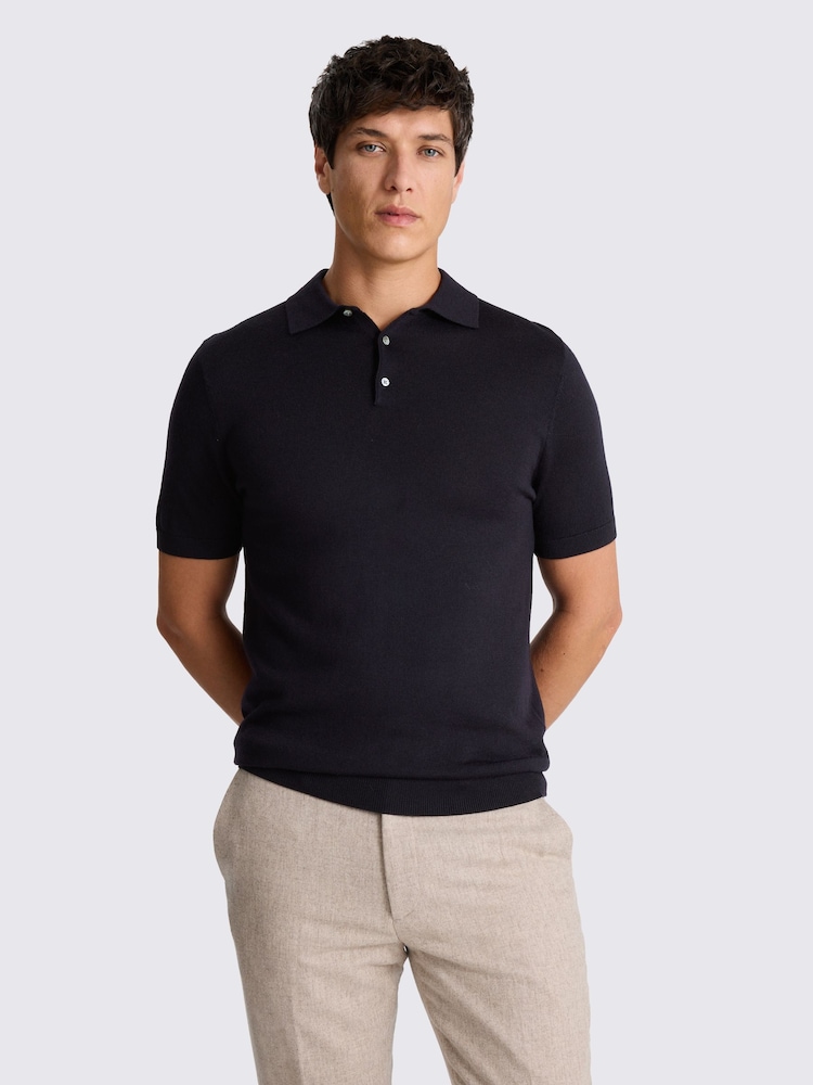 MOSS Blue Merino Knitted Polo Shirt - Image 1 of 4
