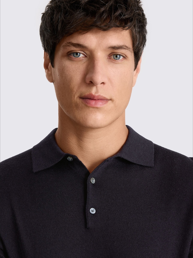 MOSS Blue Merino Knitted Polo Shirt - Image 2 of 4