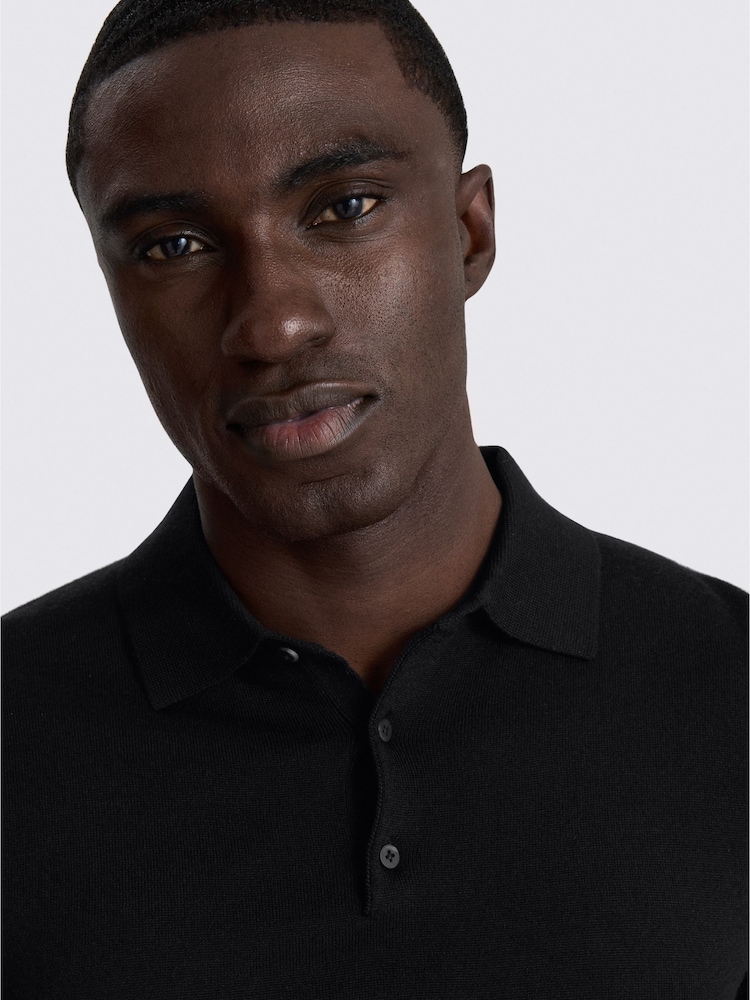 MOSS Black Merino Knitted Polo Shirt - Image 2 of 4