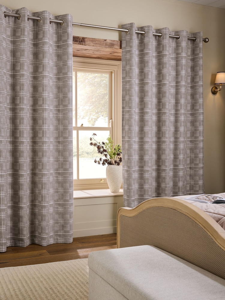 Natural Chenille Dogtooth Check Super Thermal Eyelet Curtains - Image 2 of 6 Natural Chenille Dogtooth Check Super Thermal Eyelet Curtains - Image 2 of 6
