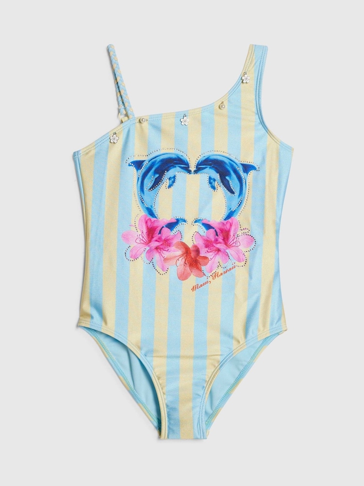 River Island Blue Dolphin Stripe Aysmmetric Swimsuit - Image 1 of 4