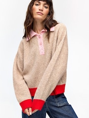 Oliver Bonas Camel Brown Colour Block Collared Knitted Jumper - Image 1 of 7