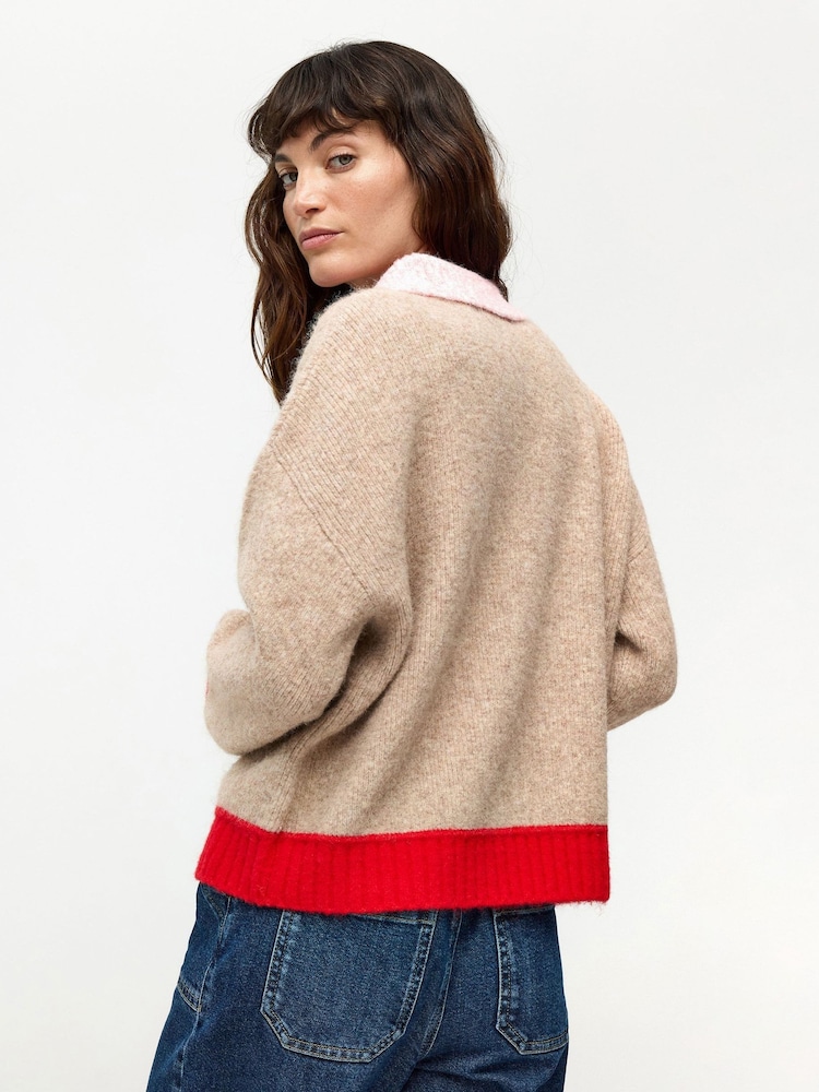 Oliver Bonas Camel Brown Colour Block Collared Knitted Jumper - Image 2 of 7