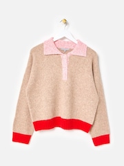Oliver Bonas Camel Brown Colour Block Collared Knitted Jumper - Image 3 of 7