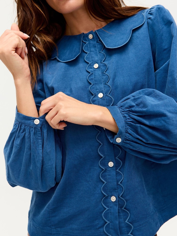 Oliver Bonas Blue Corduroy Scalloped Button Up Collar Shirt - Image 8 of 8