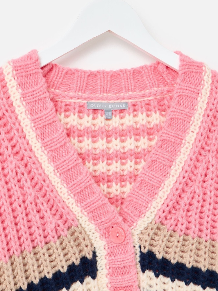Oliver Bonas Pink Pink & Cream Striped V-Neck Knitted Cardigan - Image 8 of 8