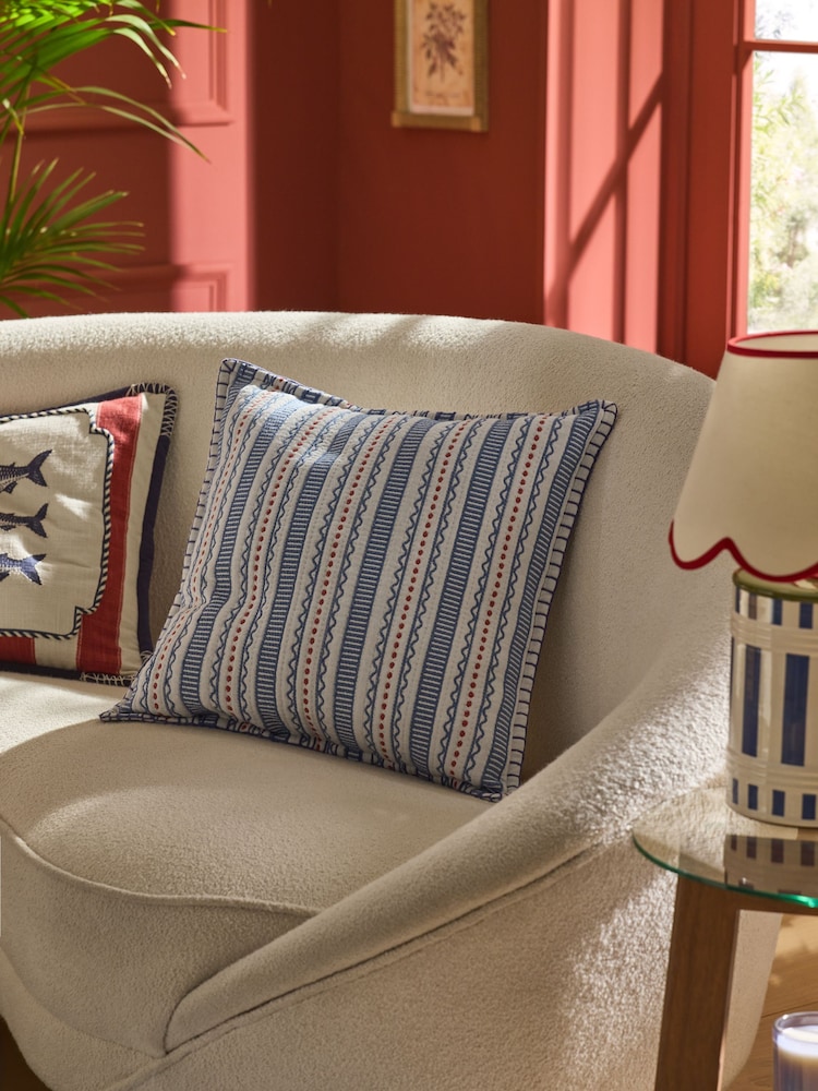 Lia Gold x Next Blue/White Mark Making Stripe Cushion - Image 1 of 6 Lia Gold x Next Blue/White Mark Making Stripe Cushion - Image 1 of 6