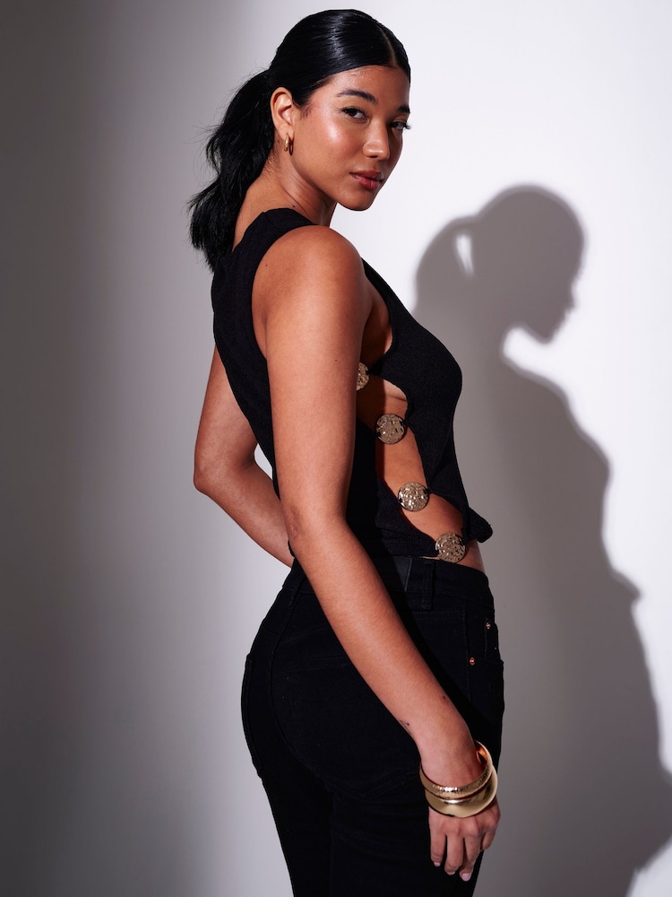 South Beach Black Knitted Sleeveless Top with Gold Decal Sides - Image 2 of 5