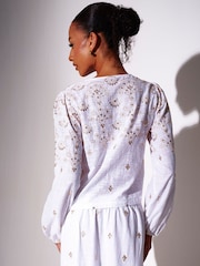 South Beach Embroidered Mirror Disc Detail Tie Front Top - 5的图像2｝