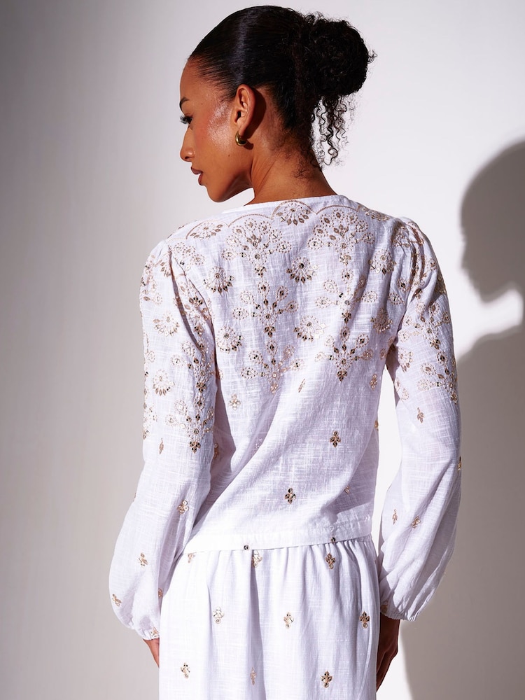South Beach Embroidered Mirror Disc Detail Tie Front Top - 5的图像2｝