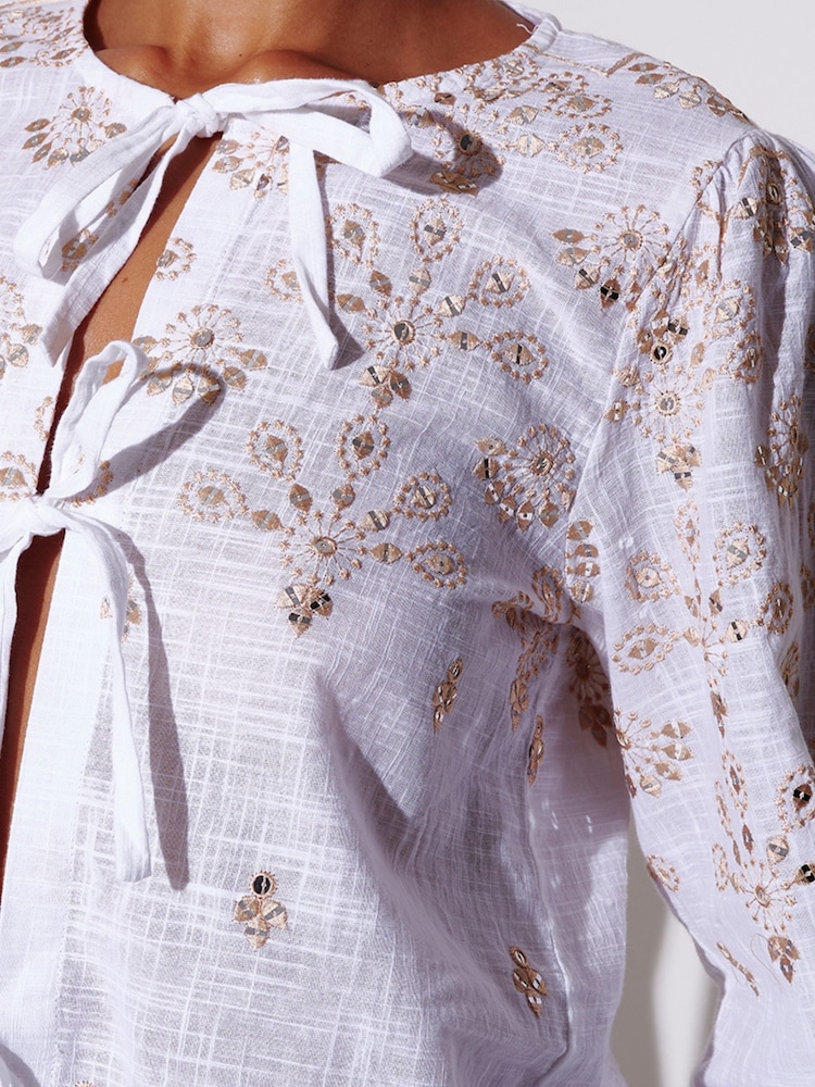 South Beach Embroidered Mirror Disc Detail Tie Front Top - 5的图像5｝