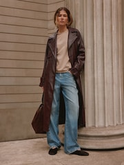 Chocolate Brown Faux Leather Croc Belted Trench Jackets - Image 1 of 10