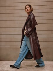 Chocolate Brown Faux Leather Croc Belted Trench Jackets - Image 2 of 10