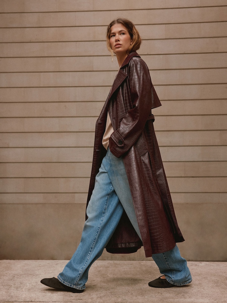 Chocolate Brown Faux Leather Croc Belted Trench Jackets - Image 2 of 10 Chocolate Brown Faux Leather Croc Belted Trench Jackets - Image 2 of 10