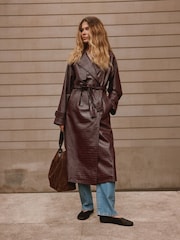 Chocolate Brown Faux Leather Croc Belted Trench Jackets - Image 3 of 10