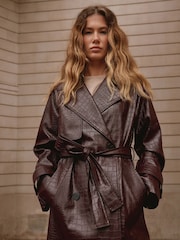 Chocolate Brown Faux Leather Croc Belted Trench Jackets - Image 4 of 10