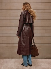 Chocolate Brown Faux Leather Croc Belted Trench Jackets - Image 5 of 10