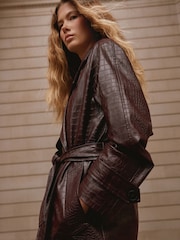 Chocolate Brown Faux Leather Croc Belted Trench Jackets - Image 6 of 10