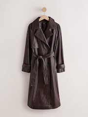 Chocolate Brown Faux Leather Croc Belted Trench Jackets - Image 7 of 10