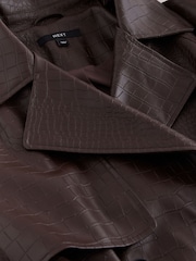 Chocolate Brown Faux Leather Croc Belted Trench Jackets - Image 9 of 10