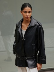 Crno - Faux Leather Funnel Belted Jacket - Slika 4 od 9