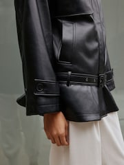 Crno - Faux Leather Funnel Belted Jacket - Slika 5 od 9