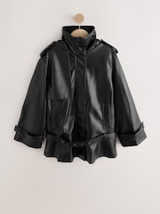 Crno - Faux Leather Funnel Belted Jacket - Slika 7 od 9