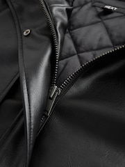 Crno - Faux Leather Funnel Belted Jacket - Slika 8 od 9