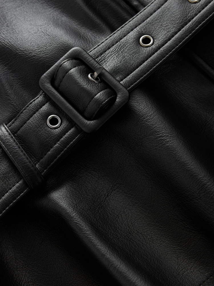 Crno - Faux Leather Funnel Belted Jacket - Slika 9 od 9