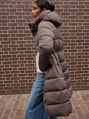 Chocolate Brown Shower Resistant Hooded Long Wadded Coat - Image 4 of 9