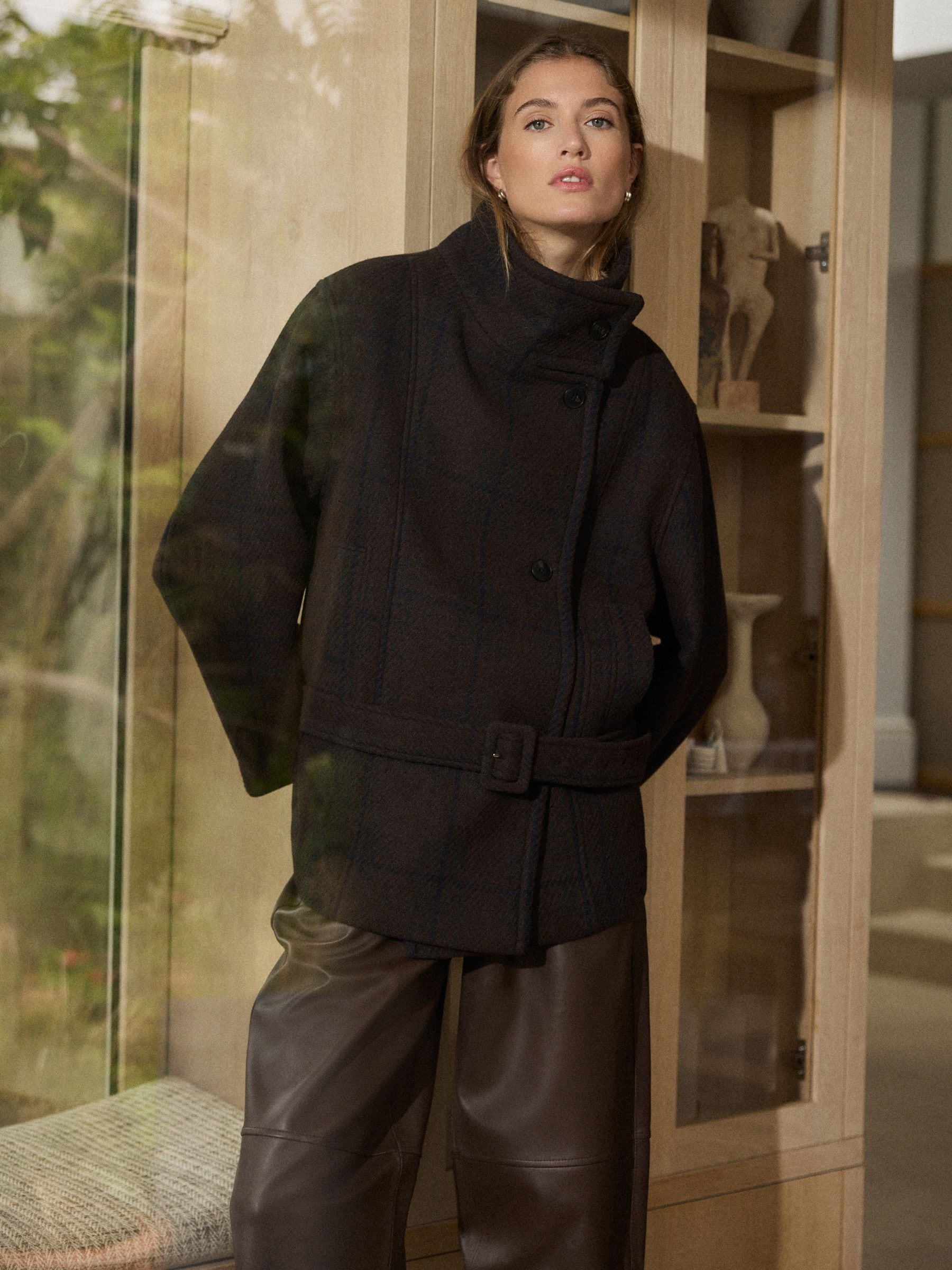 Buy Chocolate Brown/Navy Check N. Premium Low Belt Funnel Neck