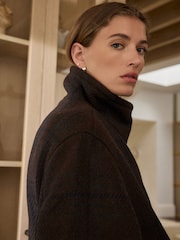 Chocolate Brown/Navy Check N. Premium Low Belt Funnel Neck Wool Rich Coat - Image 6 of 9