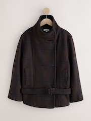 Chocolate Brown/Navy Check N. Premium Low Belt Funnel Neck Wool Rich Coat - Image 7 of 9
