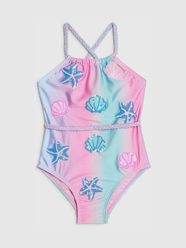 River Island Blue Ombre Shell Sequin Swimsuit - Image 1 of 3
