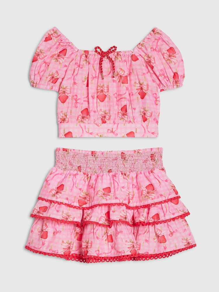 River Island Pink Strawberry Bow Frill Top & Rara Skirt Set - Image 1 of 4 River Island Pink Strawberry Bow Frill Top & Rara Skirt Set - Image 1 of 4