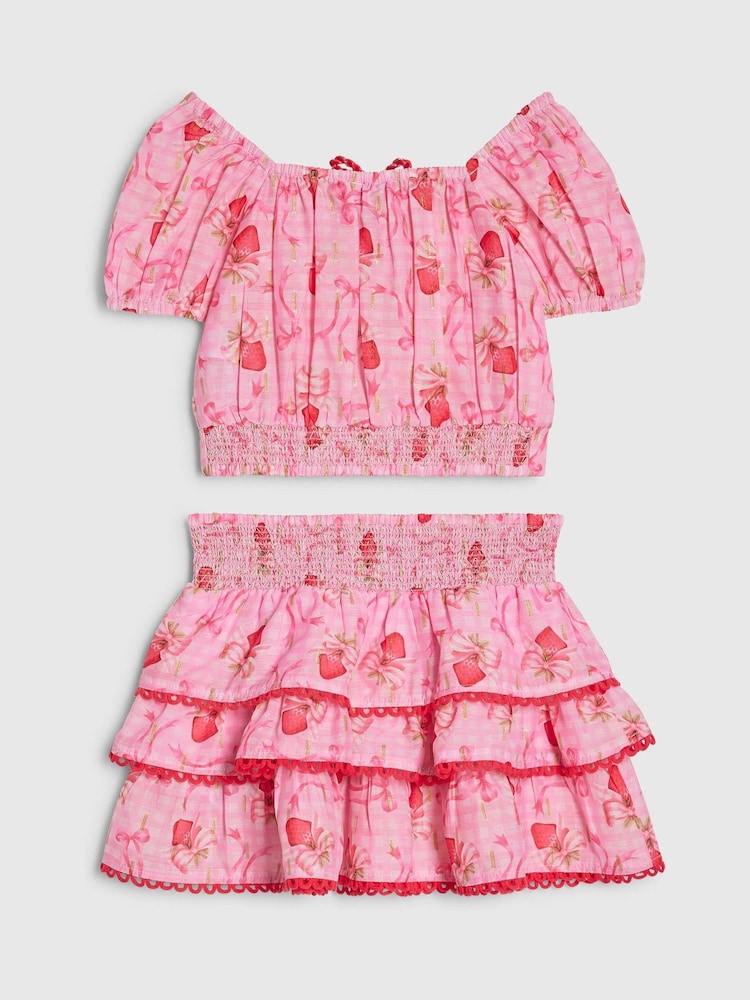 River Island Pink Strawberry Bow Frill Top & Rara Skirt Set - Image 2 of 4 River Island Pink Strawberry Bow Frill Top & Rara Skirt Set - Image 2 of 4